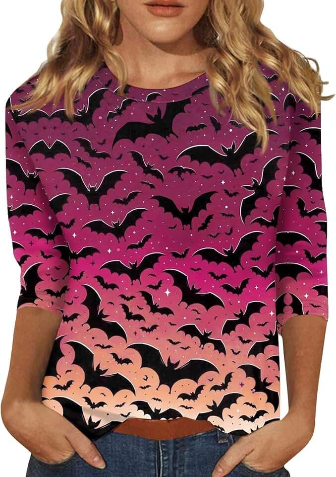 Halloween Graphic 3/4 Sleeve Shirts for Women Fall Fashion Crewneck Tunic Tops Casual Funny