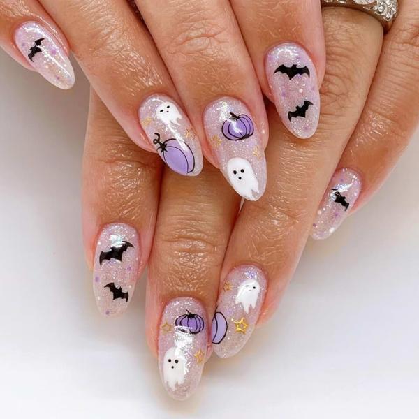 Halloween Press on Nails Short Almond Fake Nails Nude False Nails with Cute Ghosts and Pumpkins