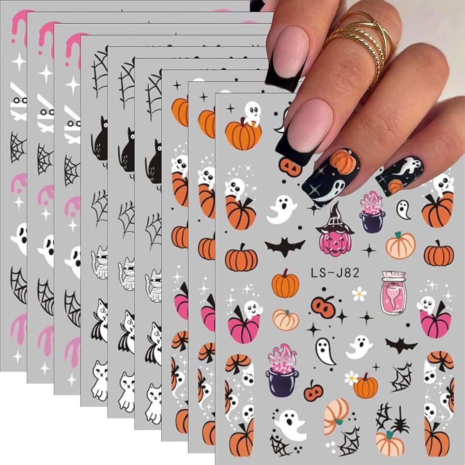 9PCS Halloween Nail Art Stickers Decals Autumn Pumpkin Nail Decals 3D Self-Adhesive Ghost Bat Cat