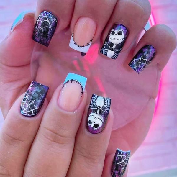 24Pcs Halloween Press on Nails Short Square Fake Nails French Skulls False Nails Full Cover Cute