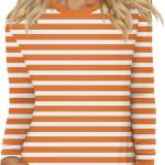 Womens Retro Striped Contrast Crew Neck Sweater Orange and White Knitted Shirt Loose Causal Long