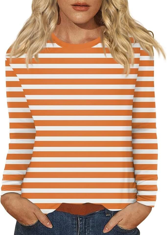 Womens Retro Striped Contrast Crew Neck Sweater Orange and White Knitted Shirt Loose Causal Long