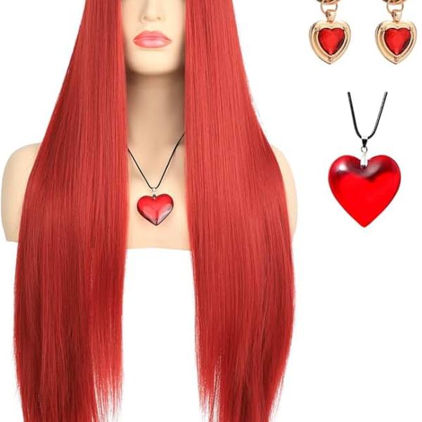 morvaly Womens Long Red Wig with Necklace and Earrings for Queen Costume Middle Part Deep Red