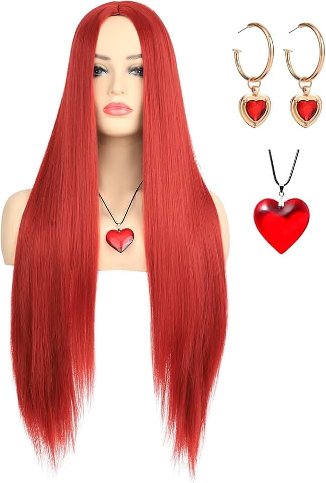 morvaly Womens Long Red Wig with Necklace and Earrings for Queen Costume Middle Part Deep Red