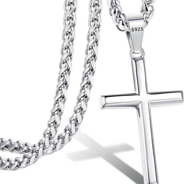 LOLIAS 925 Sterling Silver Cross Necklace for Men Women 3mm Stainless Steel Wheat Cross Chain