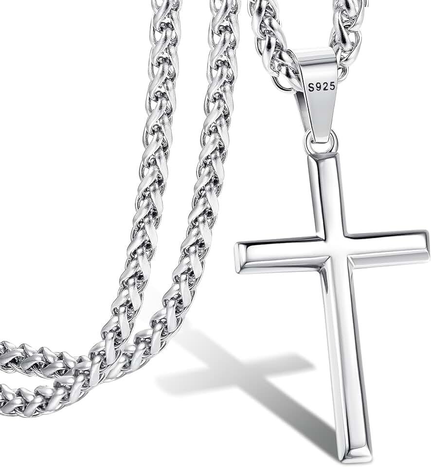 LOLIAS 925 Sterling Silver Cross Necklace for Men Women 3mm Stainless Steel Wheat Cross Chain