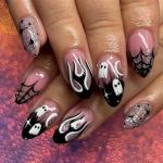 24Pcs Halloween Press on Nails Almond Medium False Nails Glitter Flame French Tip Fake Nails with