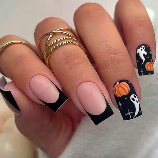 Halloween Press on Nails Medium Square French Tip Fake Nails Black Full Cover Ghost Pumpkin False