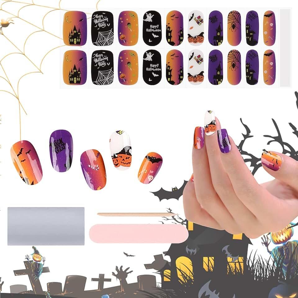 EBANKU Halloween Cured Gel Nails Wraps, 20 Stickers Nail Gel Polish Strips Pumpkin Skull Spider