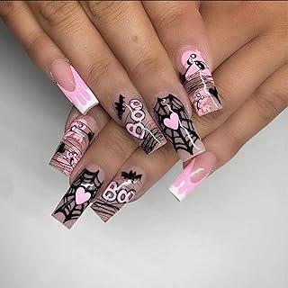 Halloween Long Square Fake Nails Halloween Nails Long Press on Nails Ghost Line Graffiti Pink Blood