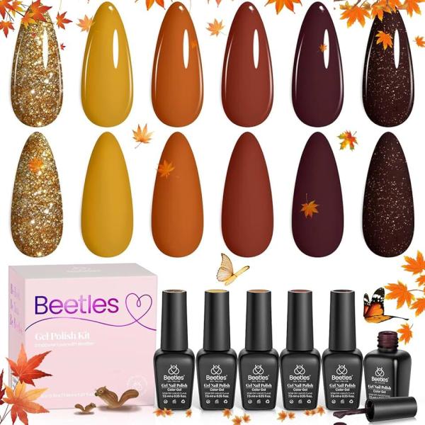 beetles Fall Gel Polish Set, 6 Colors Halloween Burgundy Red Orange Brown Gel Nail Polish Red-Brown