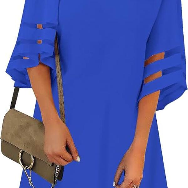 Women Casual Crewneck Mesh Panel 3/4 Bell Sleeve Loose Tunic Dress