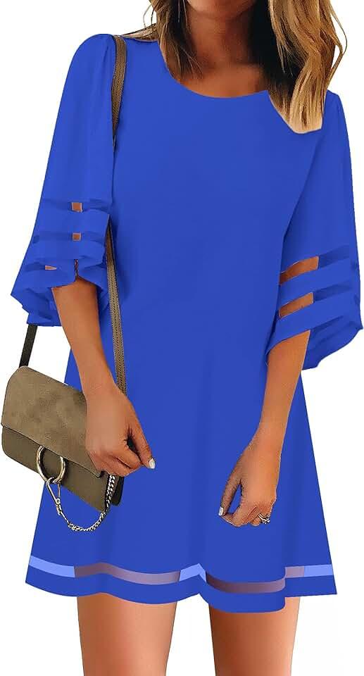 Women Casual Crewneck Mesh Panel 3/4 Bell Sleeve Loose Tunic Dress