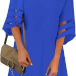 Women Casual Crewneck Mesh Panel 3/4 Bell Sleeve Loose Tunic Dress