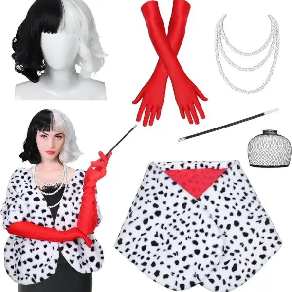 Halloween Costumes for Women - Black and White Wig with Dalmatian Shawl Scarf, Red Gloves, Faux