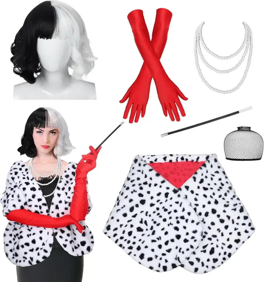 Halloween Costumes for Women - Black and White Wig with Dalmatian Shawl Scarf, Red Gloves, Faux