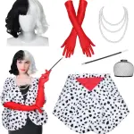 Halloween Costumes for Women - Black and White Wig with Dalmatian Shawl Scarf, Red Gloves, Faux