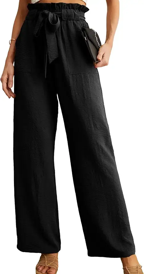 IWOLLENCE Women's Wide Leg Pants with Pockets High Waist Adjustable Knot Loose Casual Trousers Business Work Casual Pants