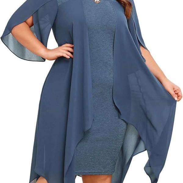 Plus Size Chiffon Dress 3/4 Sleeve Flowy Cocktail Party Midi Dresses