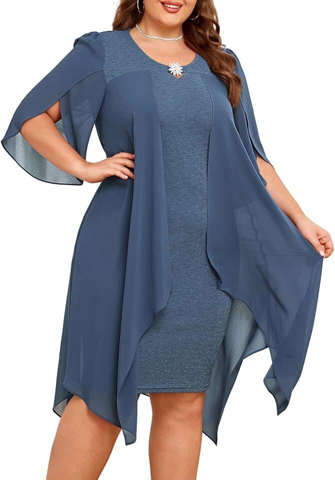 Plus Size Chiffon Dress 3/4 Sleeve Flowy Cocktail Party Midi Dresses