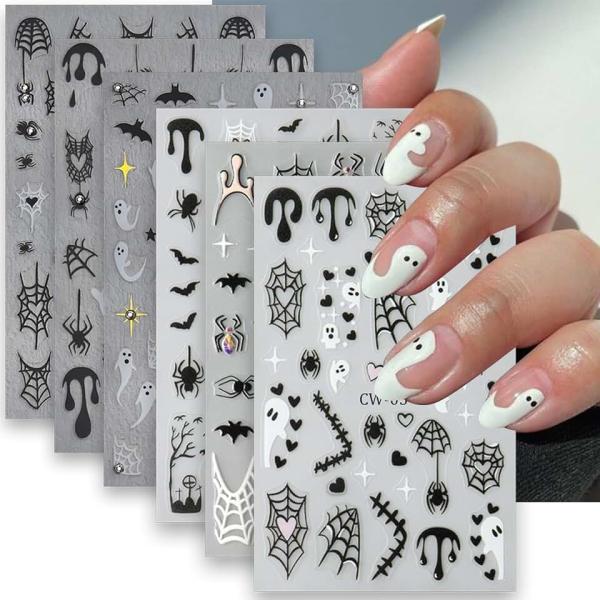 6Sheets Ghost Nail Stickers for Nail Art,5D Micro-Relief Halloween Ghost Nail Decals Scary Spider