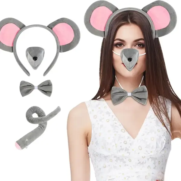 Mouse Costume Accessory Set Include Mouse Ears Headband Mouse Nose Mouse Bowtie and Mouse Tail Rat