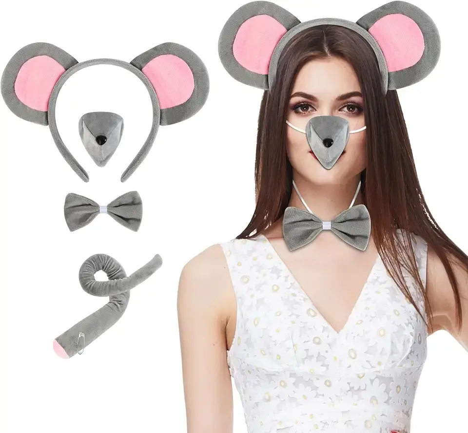 Mouse Costume Accessory Set Include Mouse Ears Headband Mouse Nose Mouse Bowtie and Mouse Tail Rat