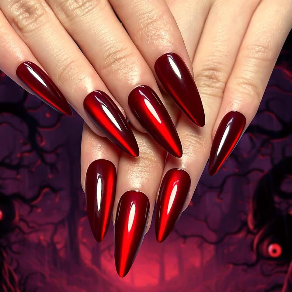 30Pcs Halloween Press on Nails Red Long Stiletto Fake Nails Solid Color False Nails with Designs