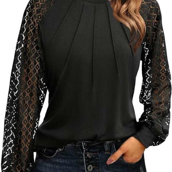 HOTOUCH Women's Lace Long Sleeve Tops Dressy Business Casual Blouses Front Pleated Work Shirts Fall Outfits