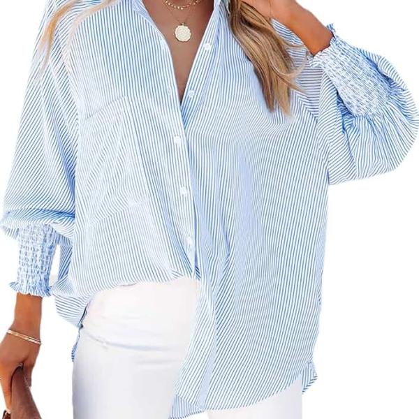 Women's Smocked Cuffed Striped Boyfriend Shirt with Pocket Casual Collar Long Sleeve Blouse Tops for Pocket Shirred