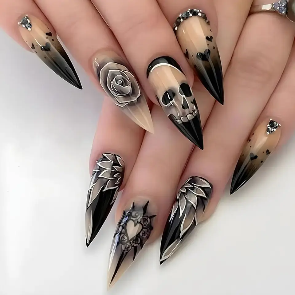 Goth Press on Nails Halloween Almond Fake Nails Horror Skull Black Rose False Nails with Rhinestone