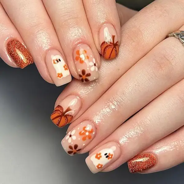 Medium Halloween Press on Nails Cute Ghost Pumpkin Fake Nails Glitter Square Acrylic Glue on Nails