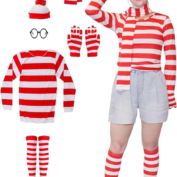 Kids Red And White Stripes Shirt Halloween Cosplay Costume Outfit With Hat Glasses Scarf And Gloves