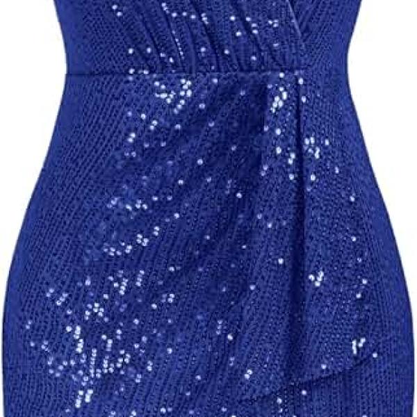 Women's Sexy Sequin Dress Wrap V-Neck Ruched Bodycon Spaghetti Straps Cocktail Party Night Club Dresses