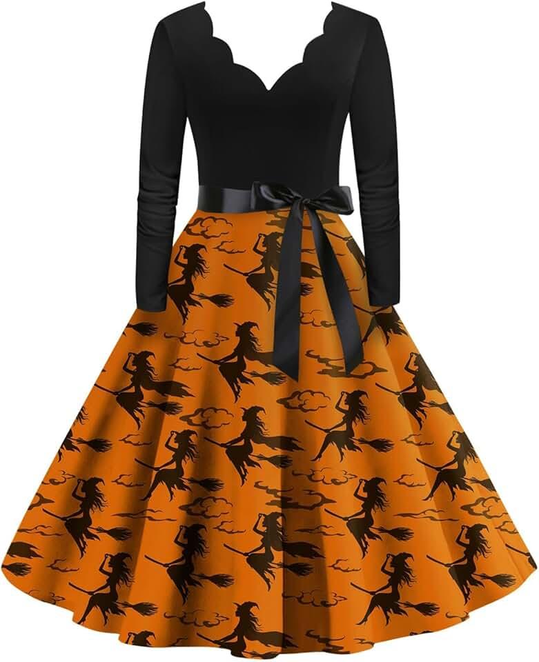 Women Halloween Dress Bloody Print V-Neck Retro A Line Dresses 2024 Fall Long Sleeve Cocktail Party