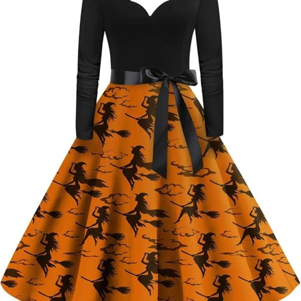 Women Halloween Dress Bloody Print V-Neck Retro A Line Dresses 2024 Fall Long Sleeve Cocktail Party