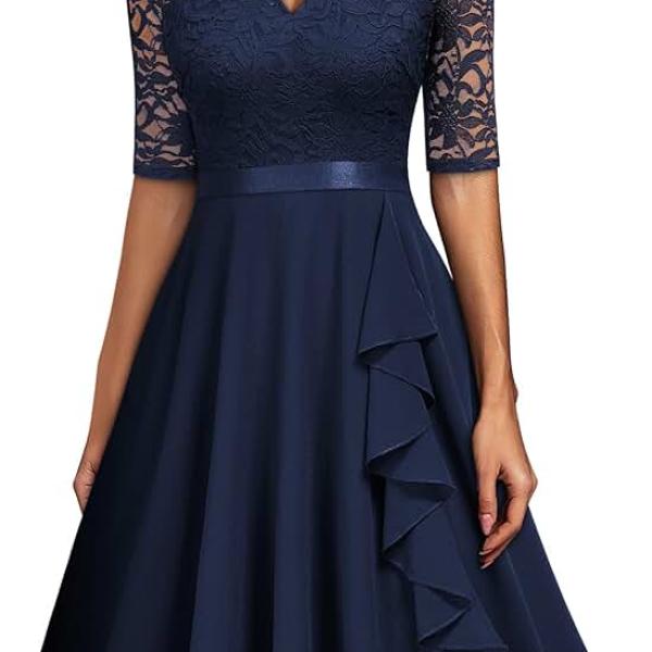 Women's V-Neck Floral Lace Elegant Style Half Sleeve Bridesmaid Party Dress