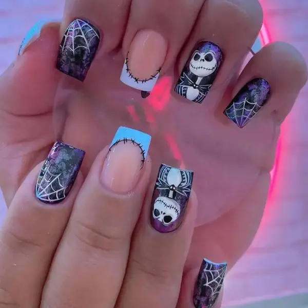 Halloween Press on Nails Medium Square Fake Nails with Spider Web Design Acrylic Nails Nightmare