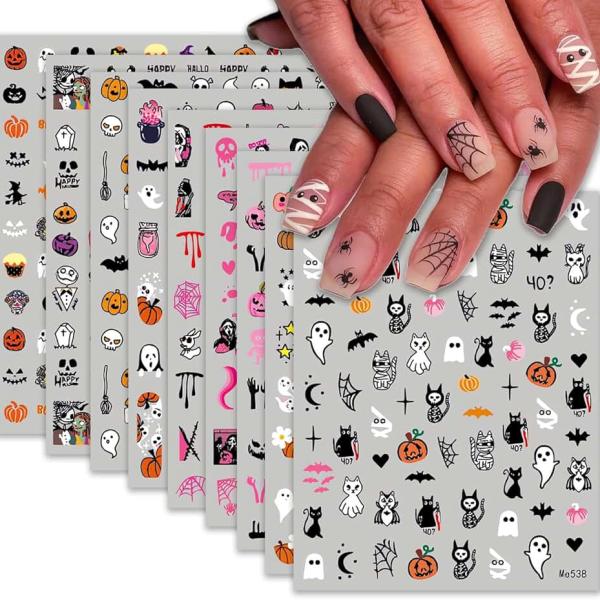 9 Sheets Halloween Nail Art Stickers Decals Cute Pumpkin Skull Bat Ghost Nail Art Designs