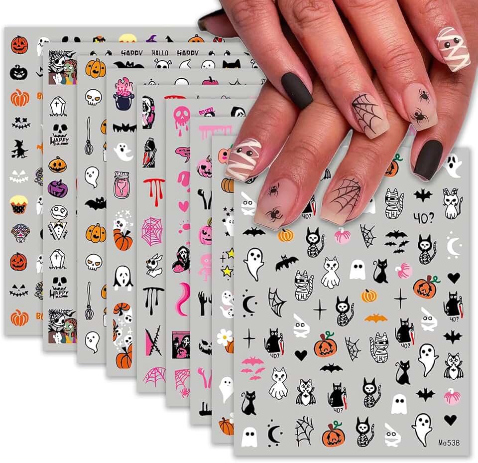 9 Sheets Halloween Nail Art Stickers Decals Cute Pumpkin Skull Bat Ghost Nail Art Designs