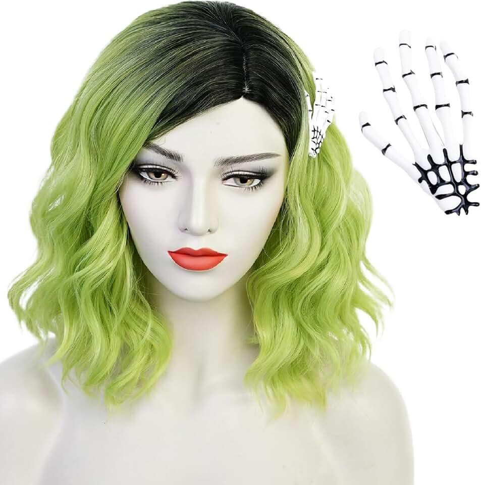 Ombre Green Wavy Wig + Hairclip for Women, 14'' Short Curly Wig with Wig Cap for Halloween Costume