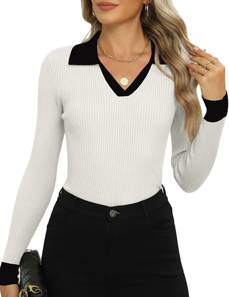 Zeagoo Womens 2024 Sweater Tops Long Sleeve V Neck Ribbed Knit Slim Fitted Casual Work Basic Shirts S-XXL