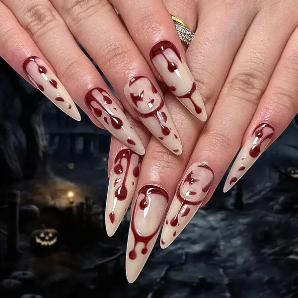 Halloween Press on Nails Long Almond Fake Nails with 3D Red Blood Drop Designs Glossy Glue on Nails