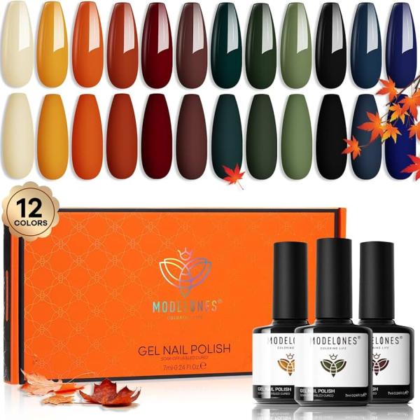 modelones Fall Gel Nail Polish Set, 12 Colors Nude Brown Gel Polish Yellow Pumpkin Orange Sage