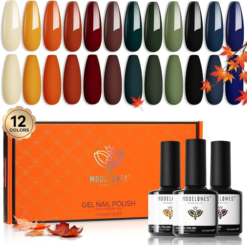 modelones Fall Gel Nail Polish Set, 12 Colors Nude Brown Gel Polish Yellow Pumpkin Orange Sage