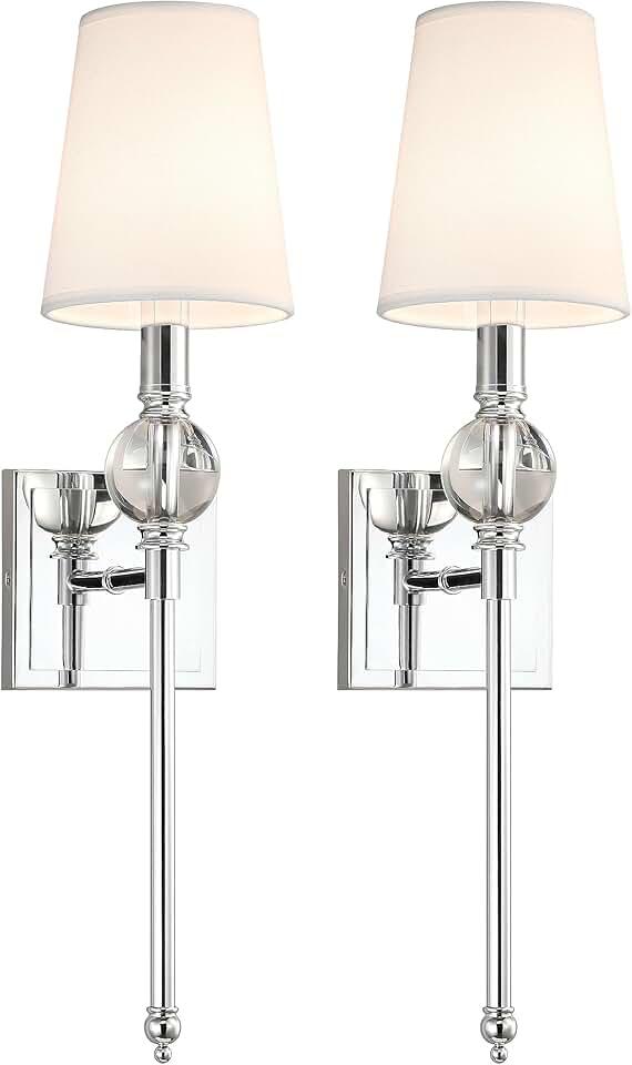 XiNBEi Lighting Wall Light Set of Two, Modern Bedroom Wall Lamp with White Fabric Shade Chrome