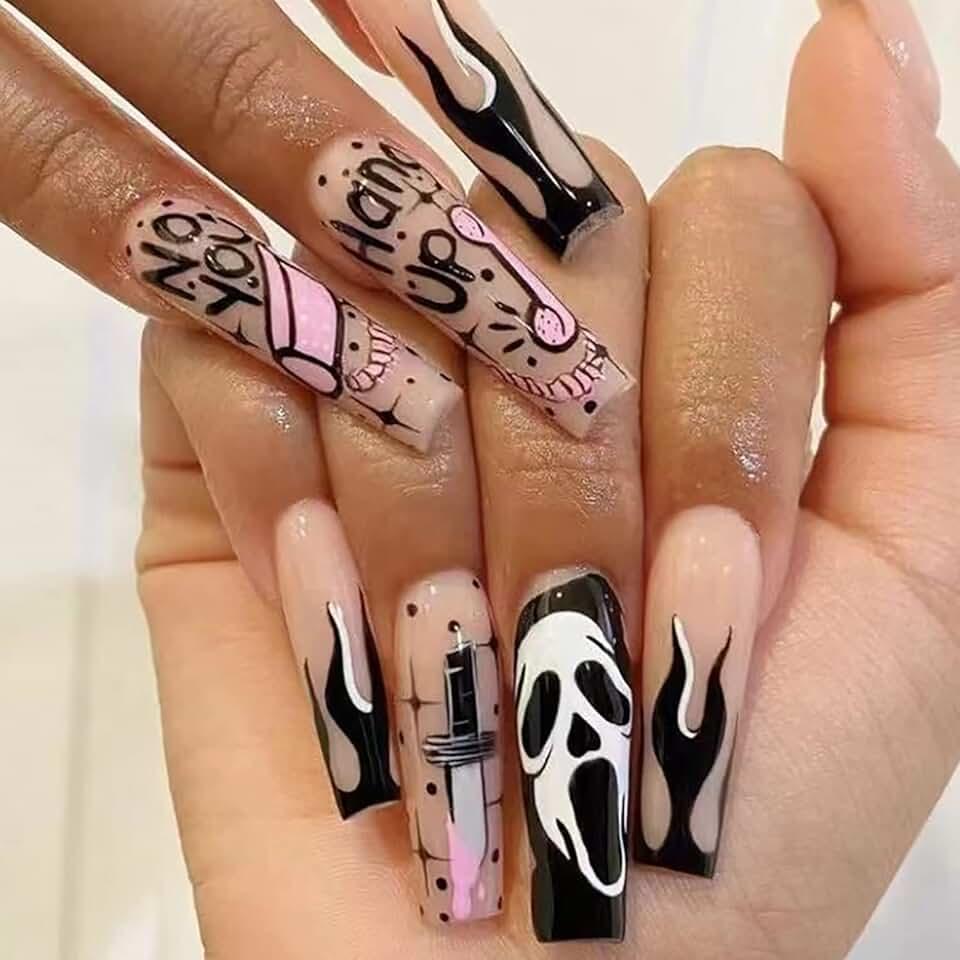 Halloween Press on Nails Long Coffin Scary Face Fake Nails Flame Full Cover Stick on Nails with