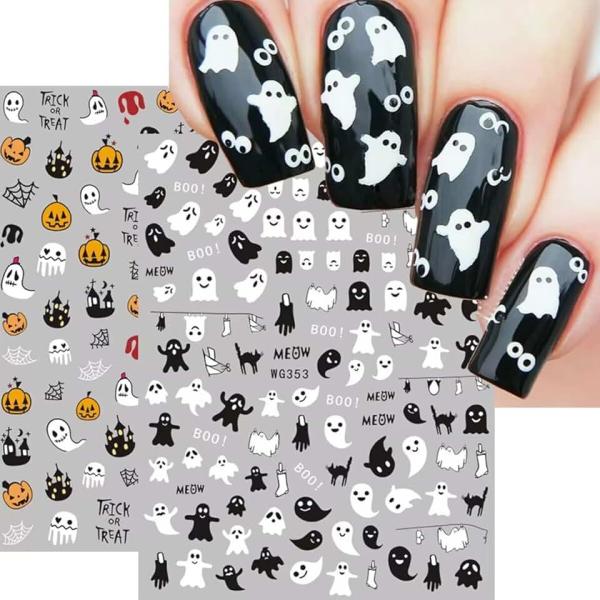 8 Sheets Halloween Nail Art Stickers Decals Self-Adhesive Pegatinas Uñas Cute Ghost Pumpkins Skull