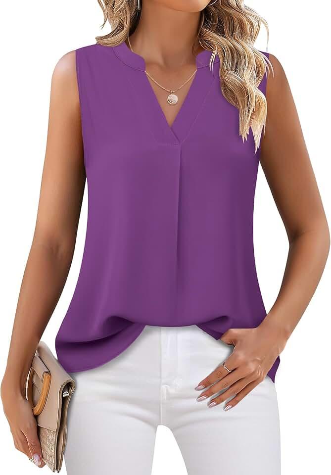 Timeson Women's Chiffon V Neck Sleeveless Blouse Tops Office Work Shirts