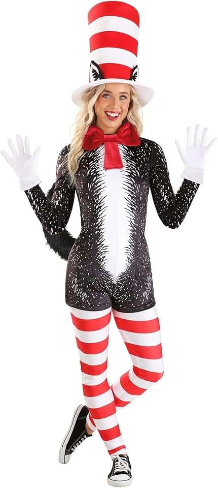 Women's Cat in The Hat Costume | Sassy Dr. Seuss Storybook Character Printed Romper with Tail,